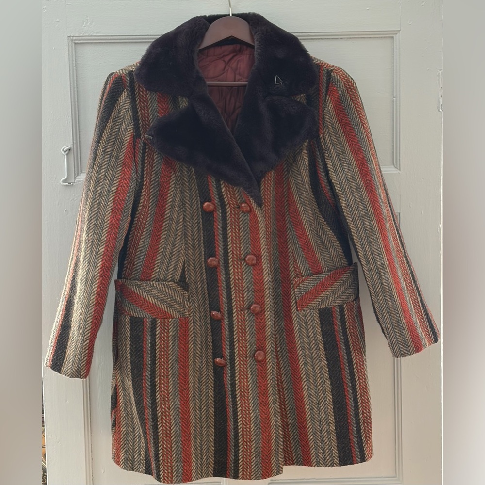 Vintage Wool Blend Herringbone Double Breasted Coat